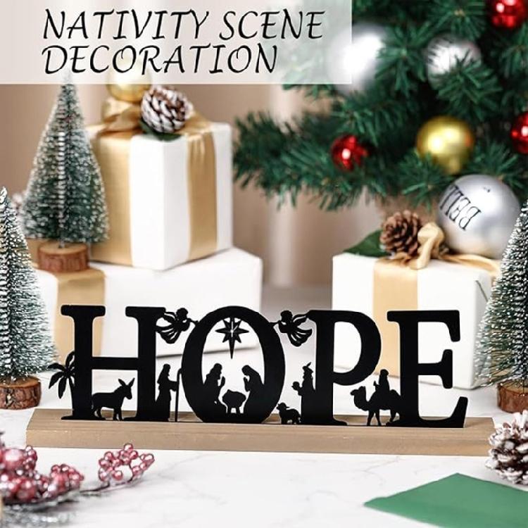 Classical Black Metal Nativity Scene Figurine Sculpture Christmas Tabletop Decoration Iron Sign with Wood Base Ornament