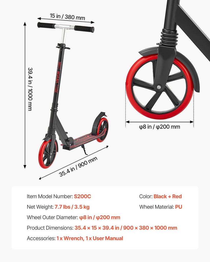 Kick Scooter for Kids Ages 8+, Teens & Adults, 2-Wheel Toddler Scooter with Adjustable Height Handlebar, Wide Anti-Slip Deck, Foldable Lightweight for