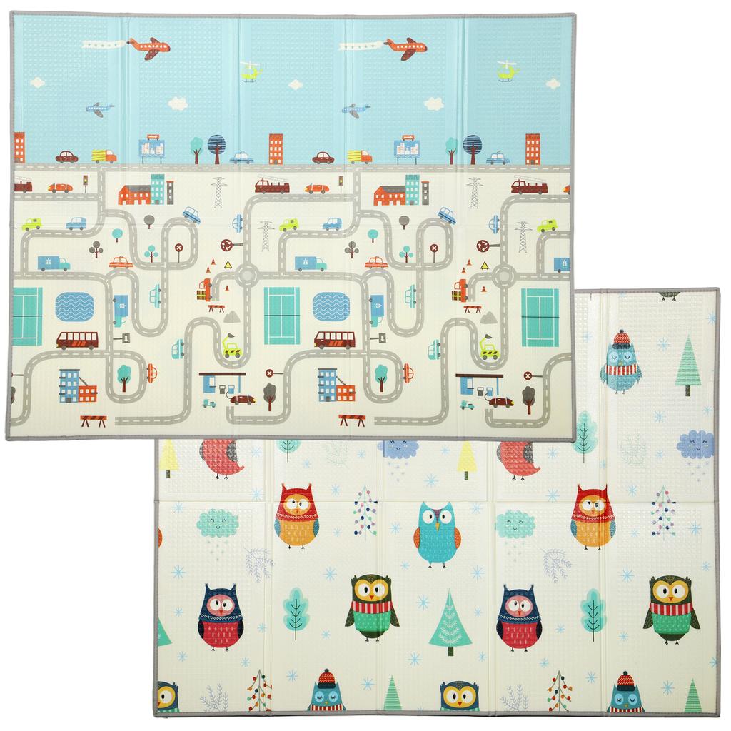 Foldable Baby Plat Mat Double Sided, Kids Floor Mat for Crawling, 200L X 150W Cm, Car Track and Owl Theme