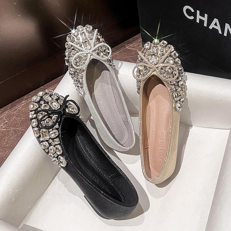 Fashion Luxury Designer Woman Rhinestone Flats Ballet Gold/Silver Bowtie Loafers Femmes Shallow Slip On Ballerinas Brides Wedding Shoes