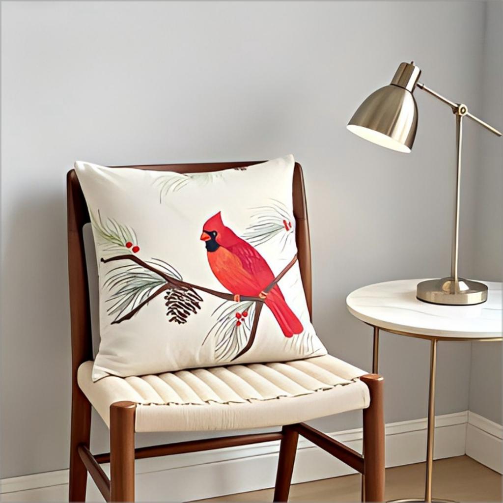 Red Cardinal Bird Pine Cone Throw Pillow Cover Winter Floral Decorative Cushion Case For Cabin Home Decor Gift