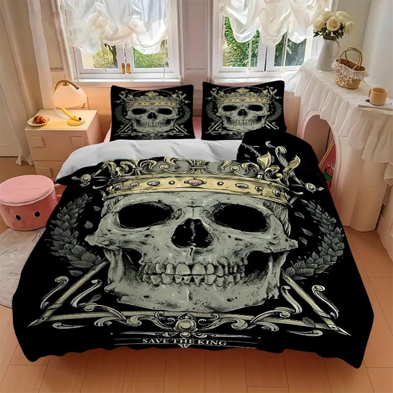 3pcs Crown Skull Duvet Cover Set - Machine Washable, Includes 1 Cover and 2 Pillowcases, No Core Included Yy251013085