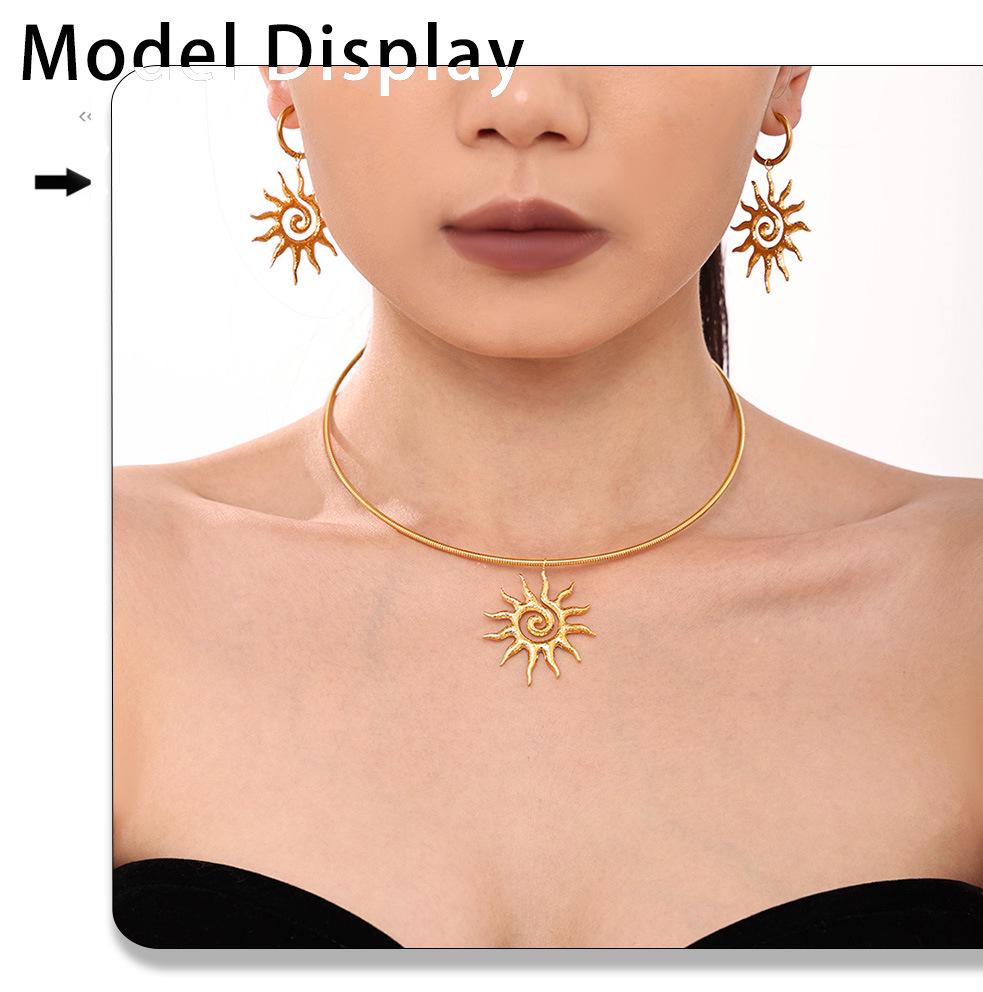 18k Gold-Plated Titanium Spiral Sun Pendant Necklace & Earrings Set