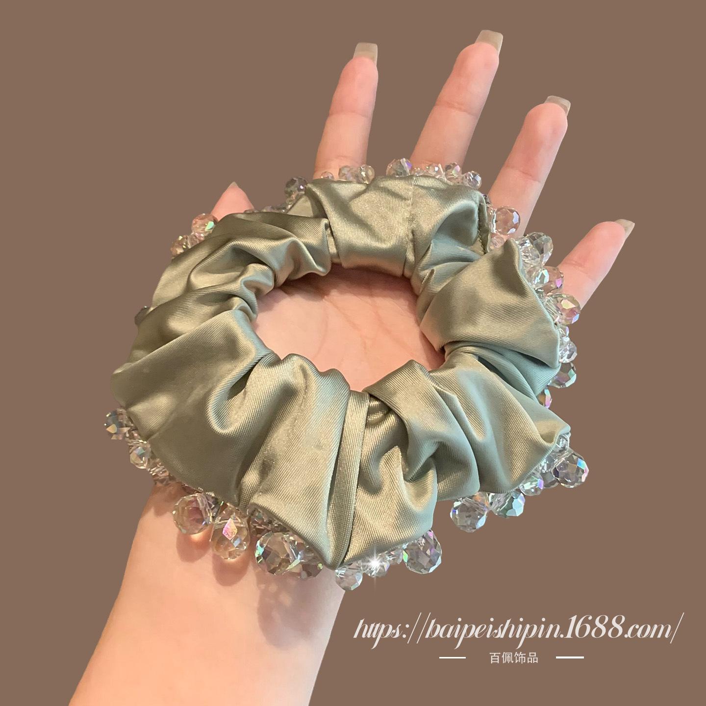 Korean Luxury Crystal-Inlaid Hair Tie and Handmade Fabric Headband Set Green Crystal Hair Tie