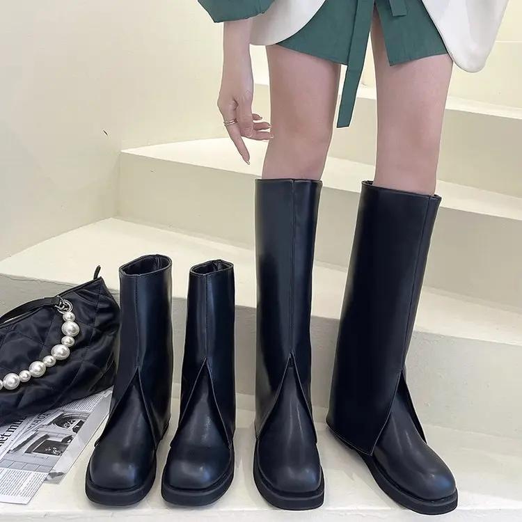 Fashion 2025 Fashion Brand Cool Knee High Great Quality Comfy Walking Vintage Black Slip On Women's Shoes Cover Trouser Boots for Women