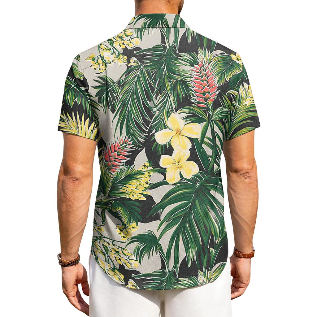 Casual losvallend herenshirt met korte mouwen, tropische bloemenprint, knoopsluiting, voor zomer, strand, buiten