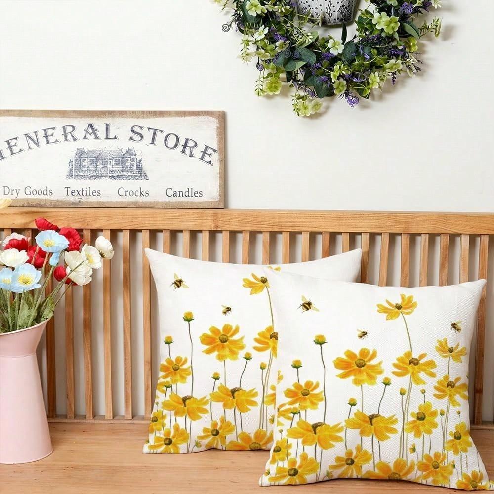 Yellow Flower Pillow Cover Double Sided 2D Print Soft Linen Throw Pillow Cover Living Room Bedroom Sofa Decor Fresh Vibe Gift