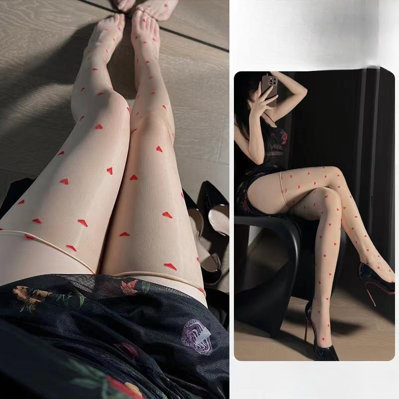 Red Heart Dots Woman No Edge Sexy Oil Shiny Retro Stockings Transparent Glitter Thigh High Medias Smooth Nylon Shine Stockings