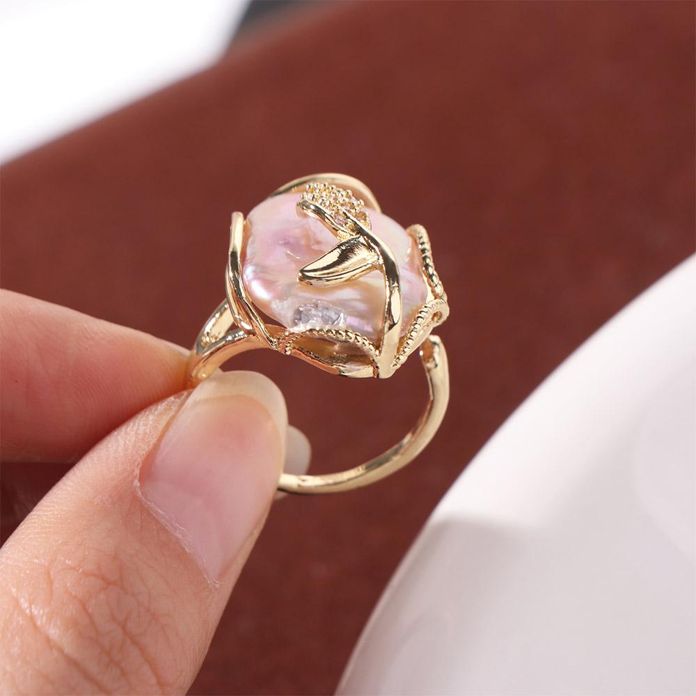 Rhinestone Irregular Pearl Ring Golden Women's Jewelry Unique Pearl Opening Ring  Women