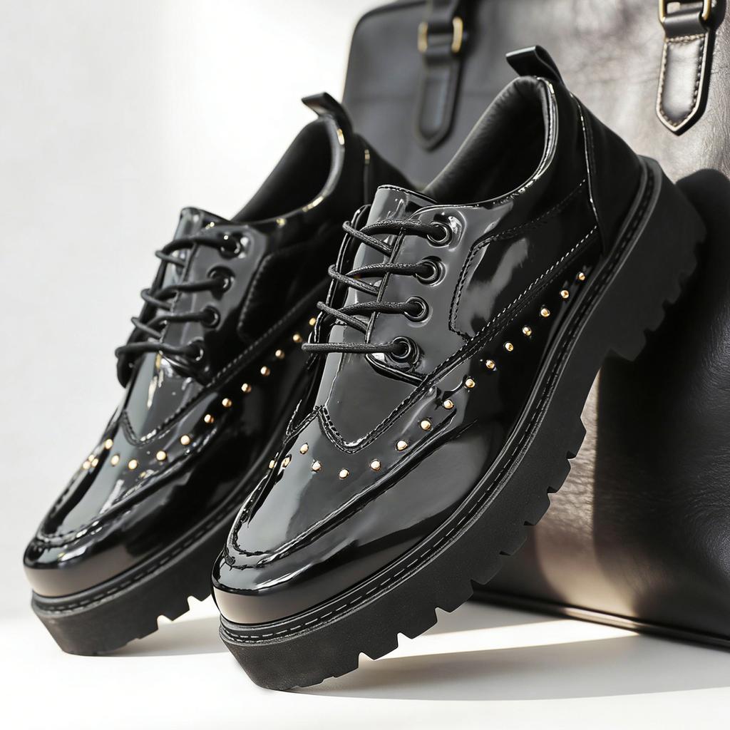 Fashion Rivet Casual Leather Men Shoes Comfortable Wallking Sneakers Lace Up Non Slip Wear Daily Business Preppy Platform Shoes