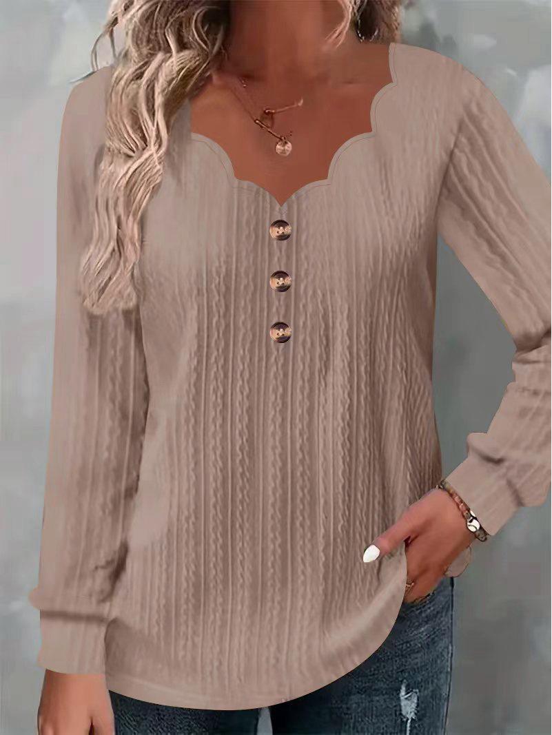 

2025 Autumn/Winter Women s Scalloped V-Neck Long Sleeve Top with Front Buttons M