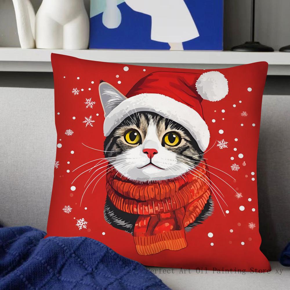 Weihnachts Katze Kissenbezug Mode Quadratischer Kissenbezug Schlafzimmer Sofa Zimmer Innendekoration Freizeit Kissenbezug 40x40