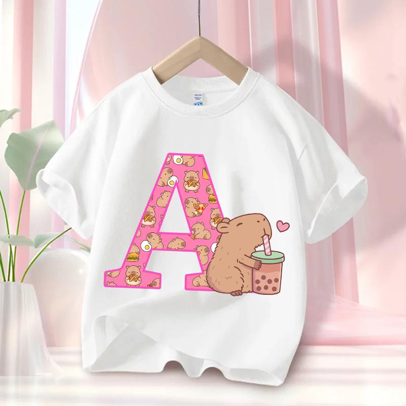 Capybara Cute T-Shirt Children's Anime Capybara Letter Short-Sleeve T-Shirt Girls' Summer Top