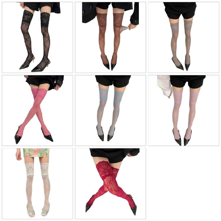 Elastic Nylon Thigh High Socks Vintage Floral Lace Fishnet Design Over Knee Stockings For Women Daily and Party Hosiery