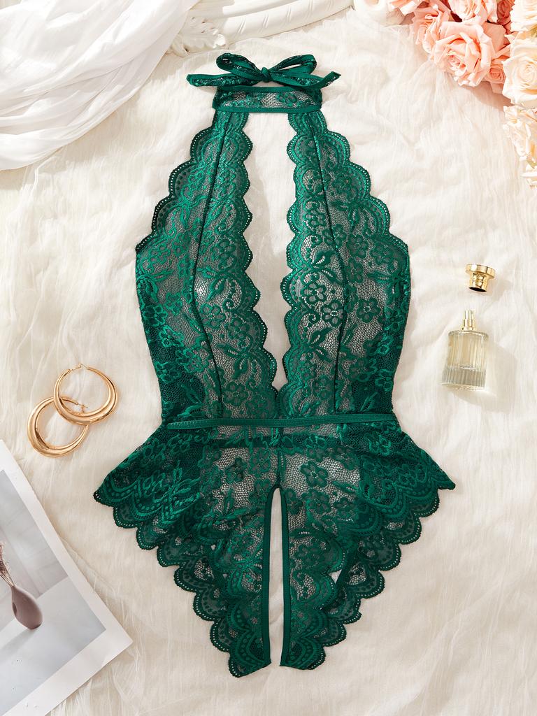 Christmas Valentine's Day Halter Backless Crotchless Lingerie For Sex Erotic Bodysuit DeepV Transparent Sexy Lace Babydoll Dress