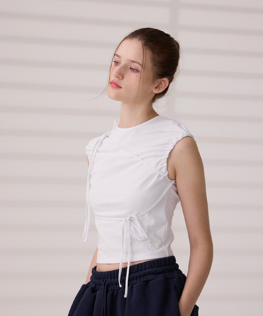 DANGLEDROP Dgdp String Shirred Ribbon Short Sleeve Crop Sleeveless White