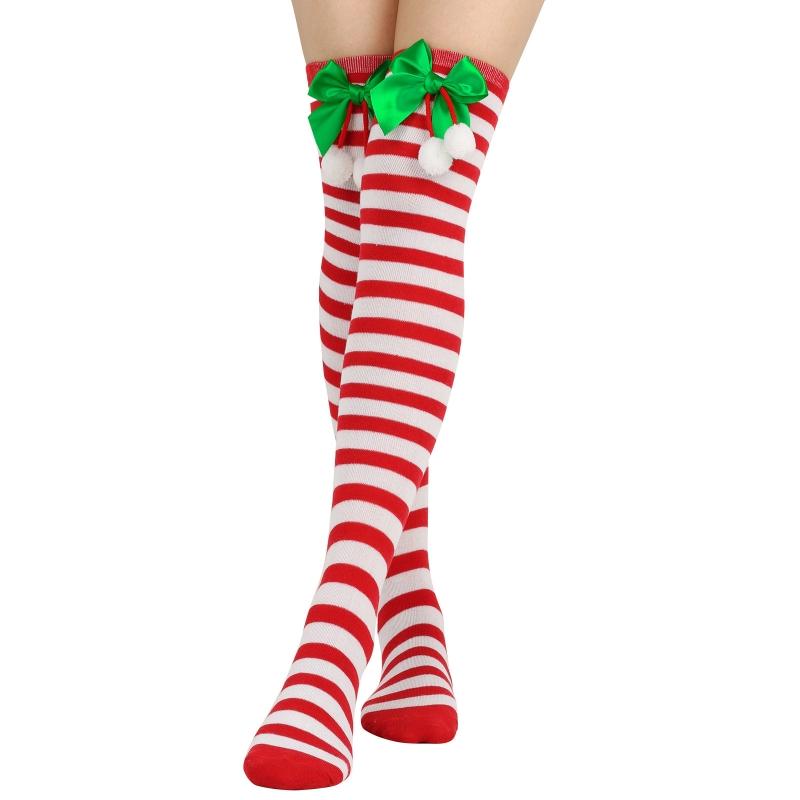 Striped Stockings For Women Over The Knee Long Socks Christmas Green Red Bowknot Long Socks Female Leg Stocking