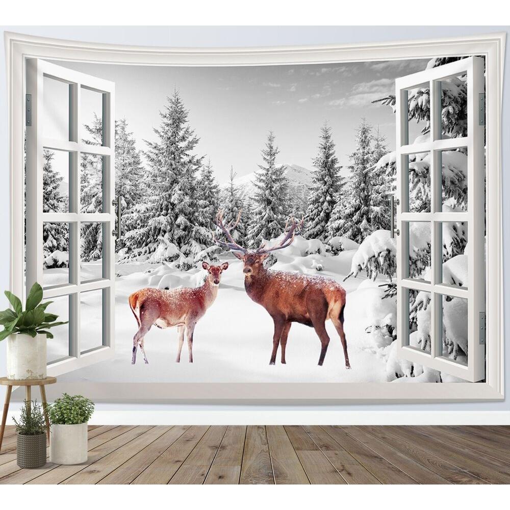 Tapestry window forest snow scene moose 75x100