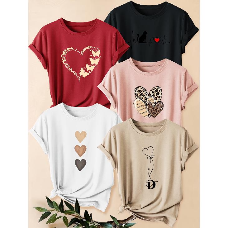 Five-piece set of women's animal heart print short-sleeve shirts Leopard print heart cat butterfly print round neck summer dress T Shirt Suitable for