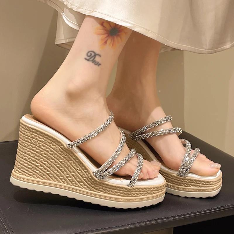 Fashion Shiny Crystal Wedge Heel Sandals for Women 2025 Summer Chunky Platform Slippers Woman Fashion Thick Bottom Party Sandalias Mujer