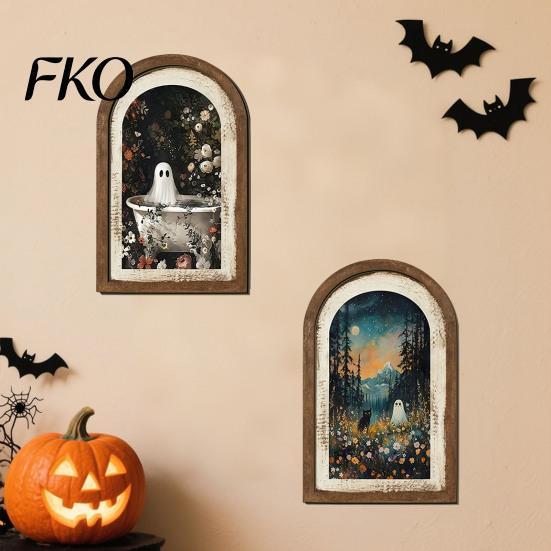 Autumn Fireplace Accent Halloween Ghost Wall Decor, Cute Table Sign, Vintage Arch Framed Shaped Wooden Decor Picture, Decorative Art for Mantel Living