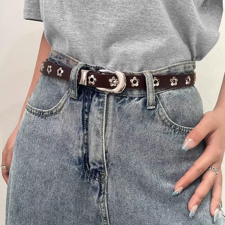 Women Skinny Pu Leather Belt Fashion Floral Decor For Office Wear
