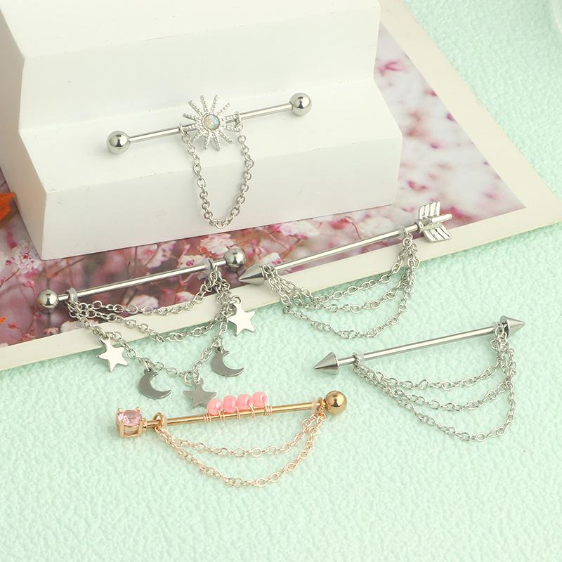 Fashion Stainless Steel Industrial Piercing Long Rod Chain Star Tragus Earrings Jewelry for Women Men