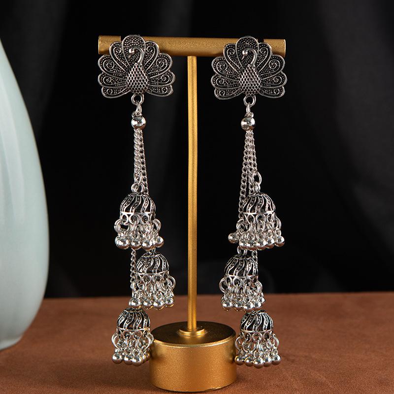 Ретро Этнический Стиль Длинные Персонализированные Серьги с Бахромой Женские Старший Стиль Серьги-Павлин с Открытым Экраном Серьги в Бохо Стиле