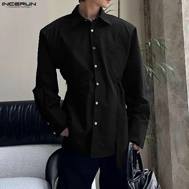 INCERUN S-5XL Men Casual Lapel Neck Long Sleeve Buttons Up Belt Shirts Tops