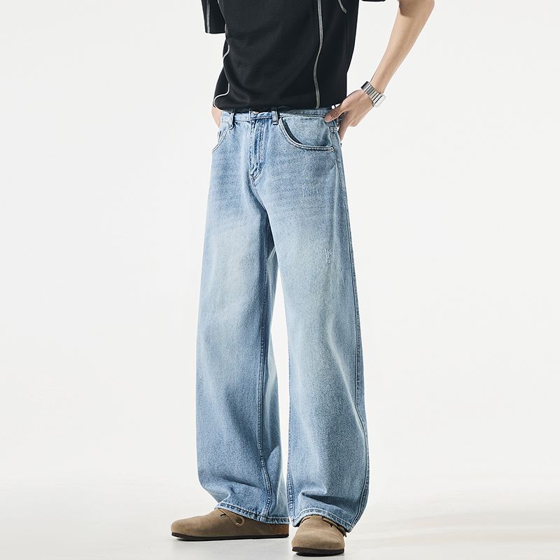 American retro trendy brand washed scimitar jeans men's trend fashion loose wide legs drape blue long pants