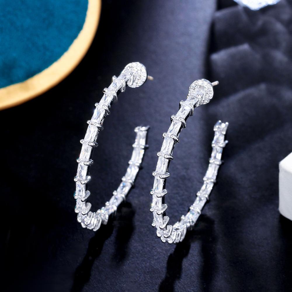 Chic Ear Jewelry Silver Plated Double Sided CZ Cubic Zirconia Bamboo Shape Hoop Earrings for Women Prom Wedding Dress Accessory