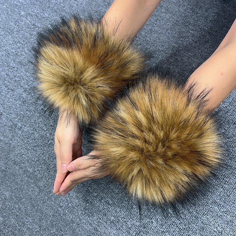 Mânuși de damă din blană artificială de iepure și vulpe, cu manșete strânse