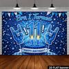 2D vlak 11e verjaardagsfeest achtergronddoek, glinsterende blauwe taart, rock thema