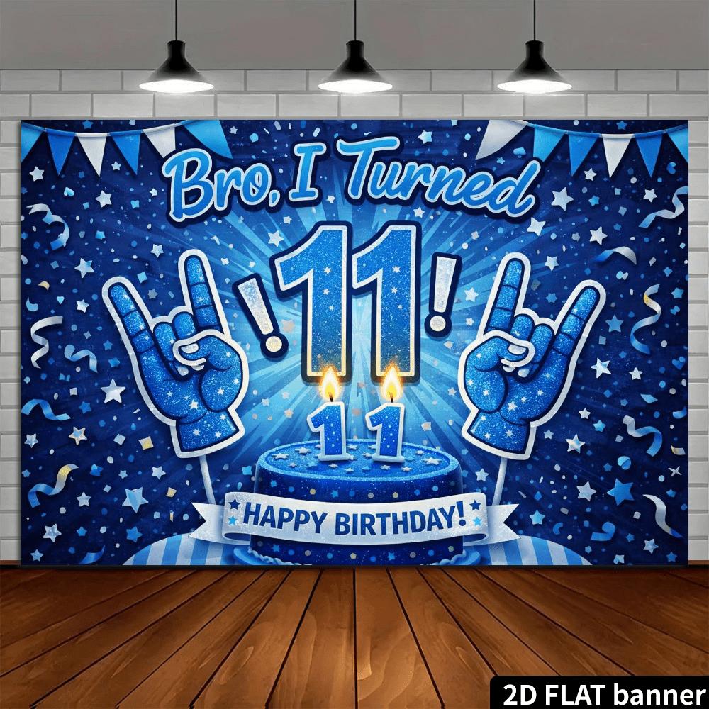 2D vlak 11e verjaardagsfeest achtergronddoek, glinsterende blauwe taart, rock thema