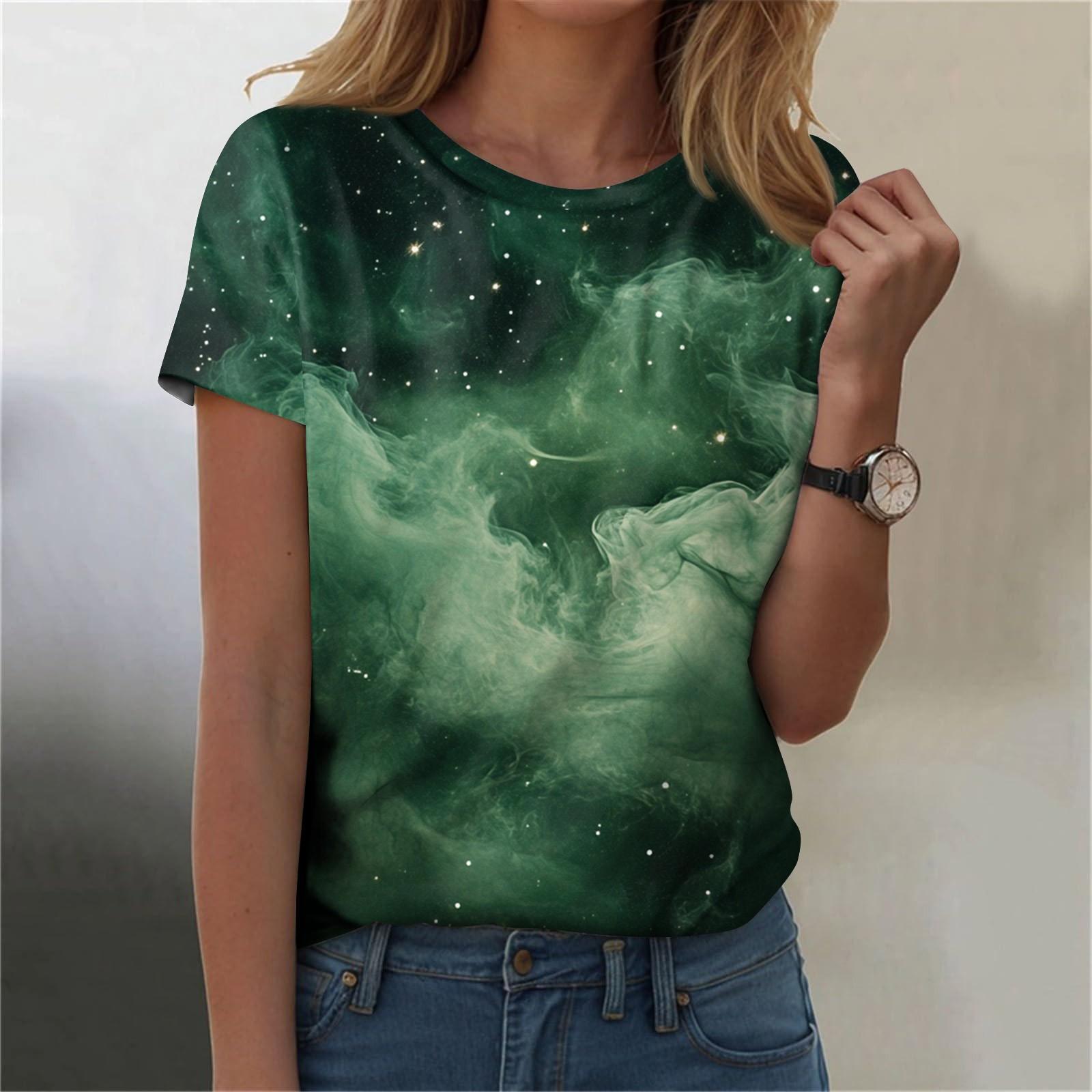 

Женская мода Sky Print модная универсальная облегающая футболка с коротким рукавом L зелёный