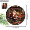 Santa and Reindeer Fireplace Merry Christmas Round Wooden Hanging Sign, 2D Flat Printed Embossed Christmas Door Wall Ornament, Xmas Home Decor Gift