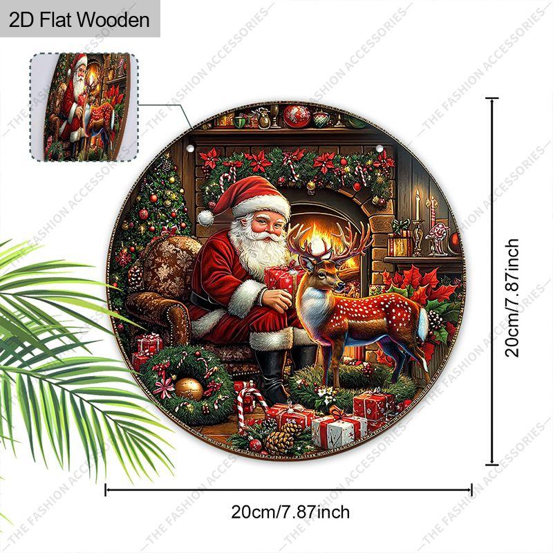 Santa and Reindeer Fireplace Merry Christmas Round Wooden Hanging Sign, 2D Flat Printed Embossed Christmas Door Wall Ornament, Xmas Home Decor Gift