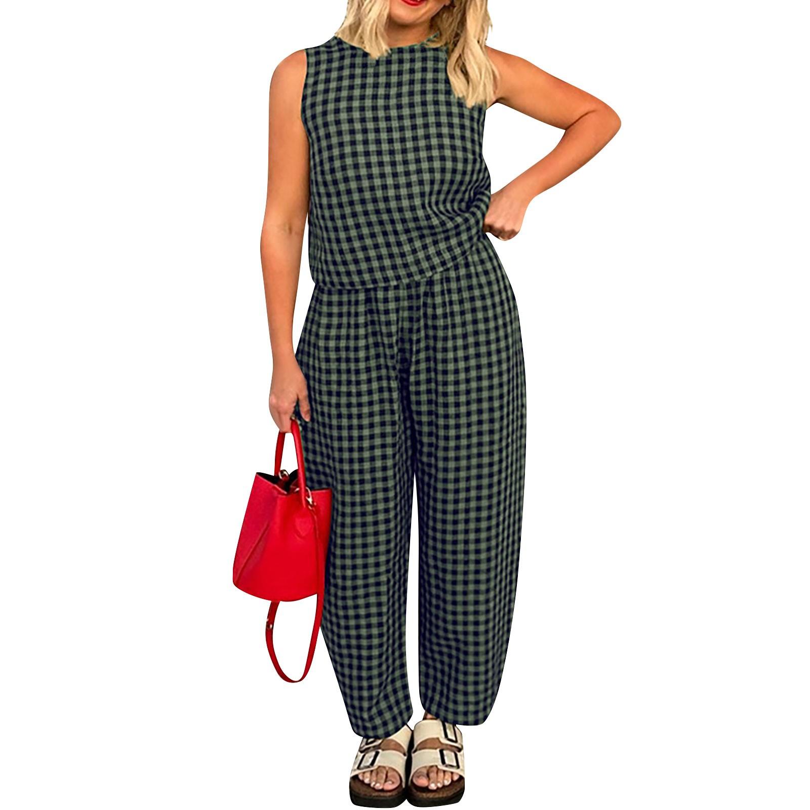 

Женский повседневный модный комплект из двух предметов с клетчатым принтом и круглым вырезом без рукавов M чёрный