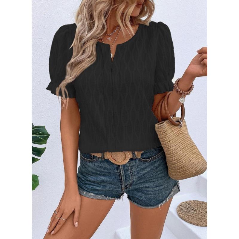 Spring and Summer New Style V-neck T-shirt Puff Sleeves Jacquard Women's Casual Loose Short-sleeved Women's Clothing