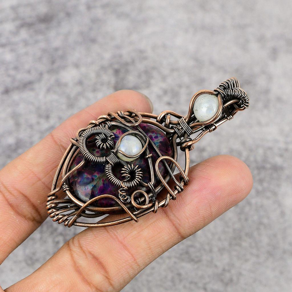 Multi Flash Labradorite & Rainbow Moonstone Pendant, 999 Copper Wire Wrapped Jewelry, Gemstone Jewelry, Handmade Pendant, For Wedding Gift