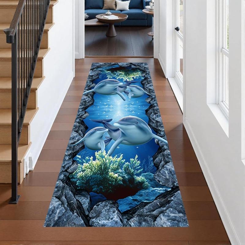 3D Optical Illusion Ocean World Runner Rug Dolphin Coral Reef Print Carpet Realistic Underwater Scene Home Decor Mat for Hallway