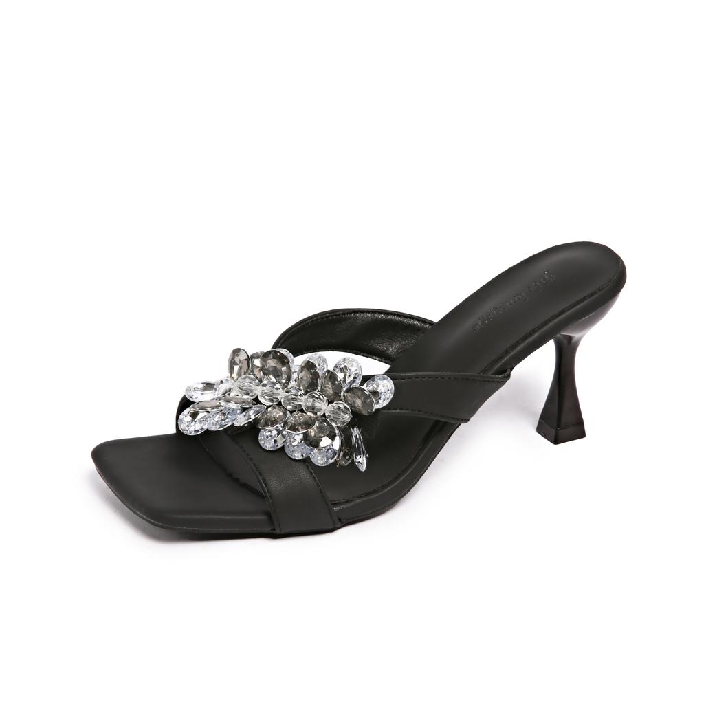 Fairy, Rhinestone Bow, Medium Heel, Cool Slippers, Female Summer 2025 New Fashion, Open-toed One-word Drag