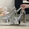 Fashion Silver Platform Sandals Women Sexy Square Toe Narrow Band Buckle Strap Heeled Sandals Luxury Summer Open Toe Super High Heels