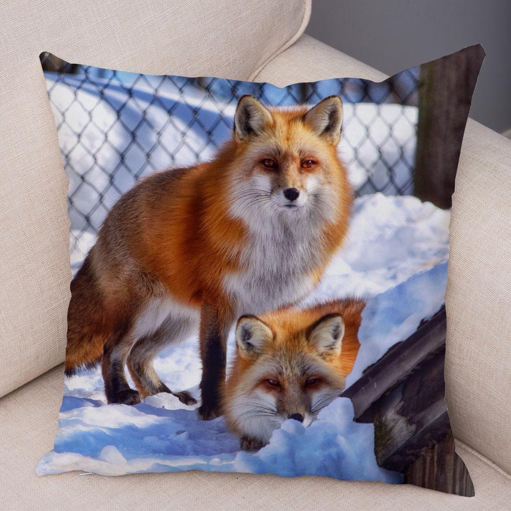 Cute Wild Fox Printed Pillow Case Decor Lovely Animal Pillowcase 45*45cm Soft Short Plush Cushion Covers for Sofa Home Car