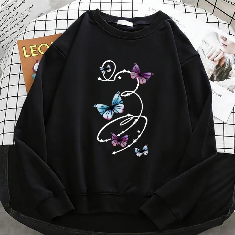 Gothic Womens Hoodies Retro Butterfly Daily Fleece Sweatshirt Fashion O-Neck Pullover Casual Winter Autumn Clothing