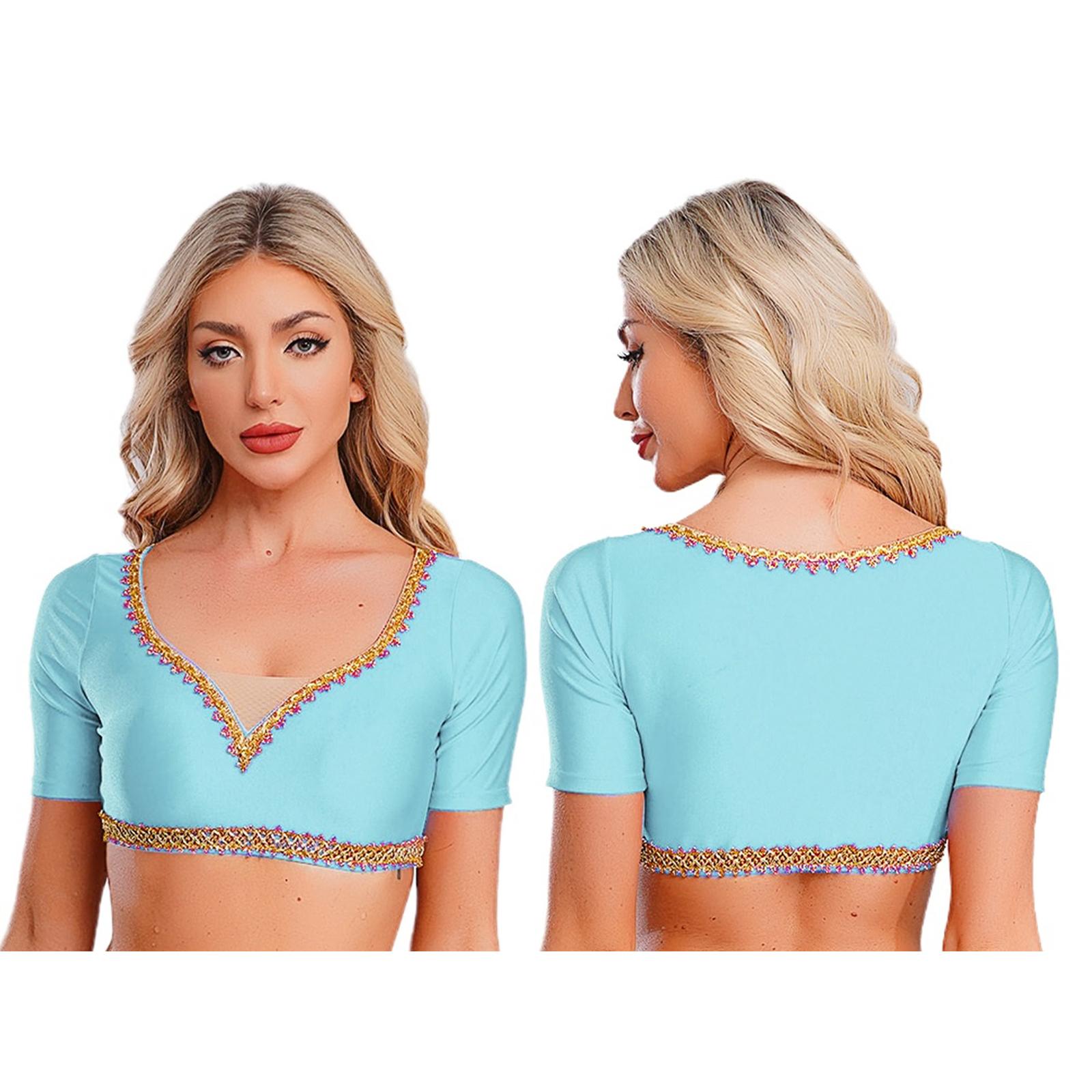 

Belly Dance Crop Top for Women: Shiny Gold Trim V-Neck Short Sleeve Slim-Fit Blouse for Cultural Performances M небо синє кольору