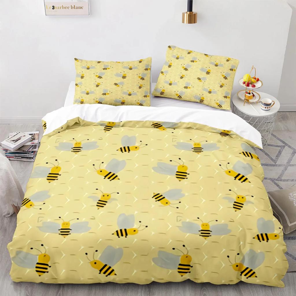 Cute Cartoon Bee Duvet Cover King Queen Sweet Honey Bedding Set Kids Boys Girl Spring Yellow Flying Insect Polyester Quilt Cover