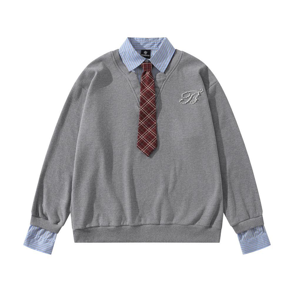 

Men s Two-in-One Tie Hoodie: Loose Fit, Street Style, College Casual with Beaded Lapel, Autumn Wear. Medium сірий колір