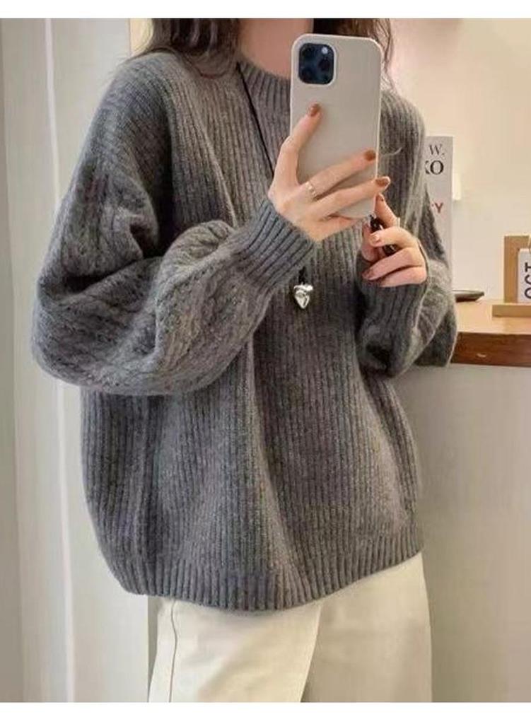 Women's Heavyweight Wool Round Neck Sweater, Autumn/Winter Korean Style, Twisted Cable Knit, Long Sleeve, Warm Cashmere Base Layer