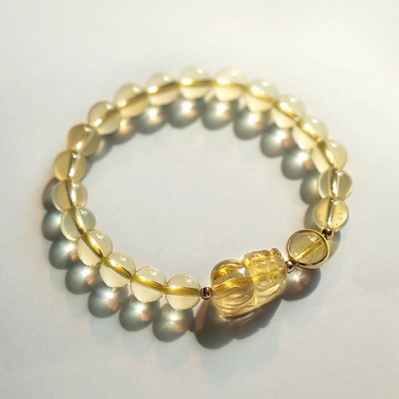 Natural Yellow Crystal Bracelet for Women with Pixiu and Titanium Crystal, Golden Rutilated Crystal Bracelet, a Summer Gift for a Girlfriend Ethnic